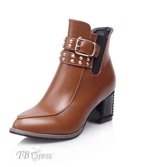 Simple Belt Rivets Square Heel Ankle Boot