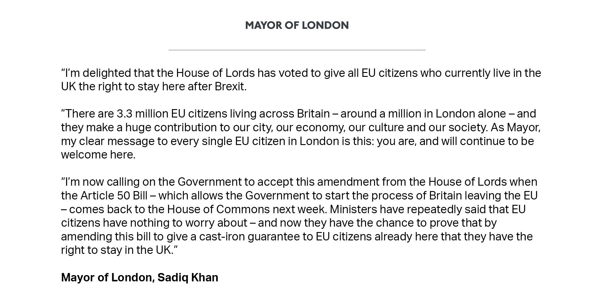 Sadiq Khan The Mayor Of London Press Release EU Citizens 