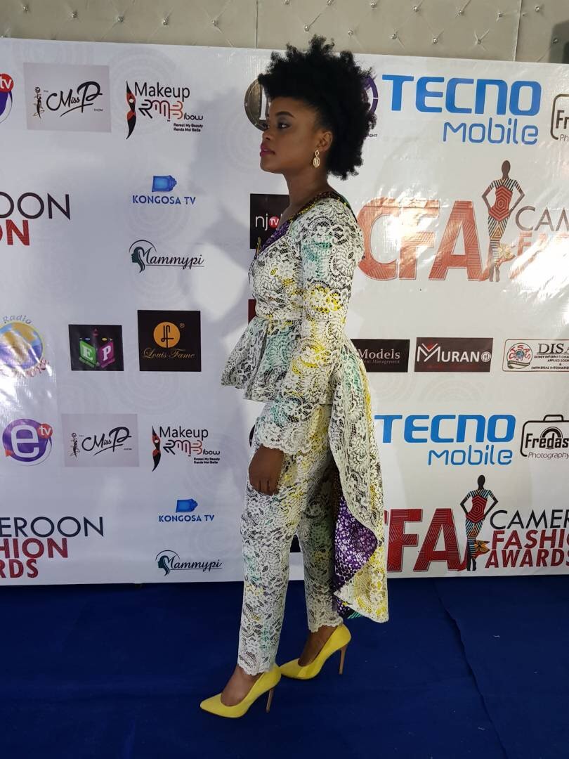 Actress Nsang Dilong Rocks Red Carpet In A Cascading Ankara Inspired & Lace High-Low Peplum Stunner