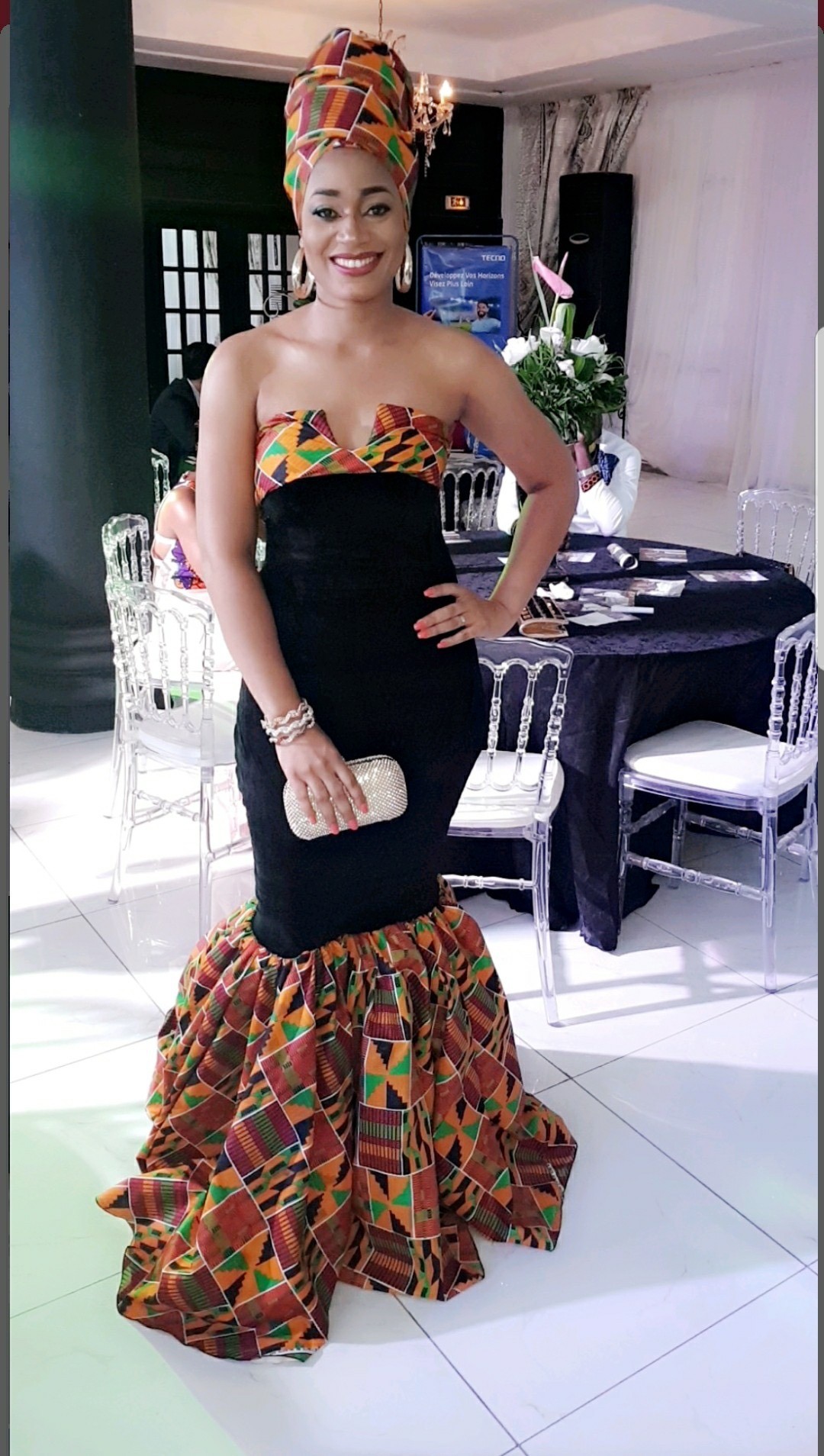 Stephanie Tum Rocks OZI Strapless Kente Dress To Cameroon Fashion Awards