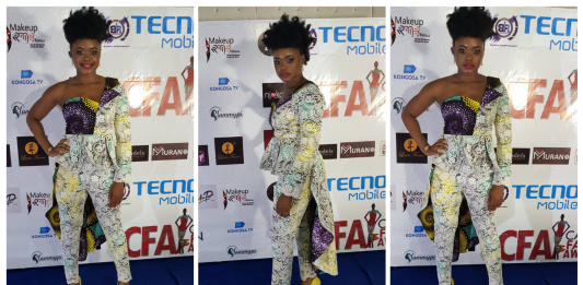 ACTRESS NSANG DILONG ROCKS RED CARPET IN A CASCADING ANKARA INSPIRED & LACE HIGH-LOW PEPLUM OUTFIT