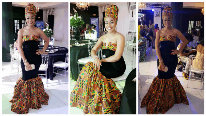 Stephanie Tum Rocks OZI Strapless Kente Dress To Cameroon Fashion Awards