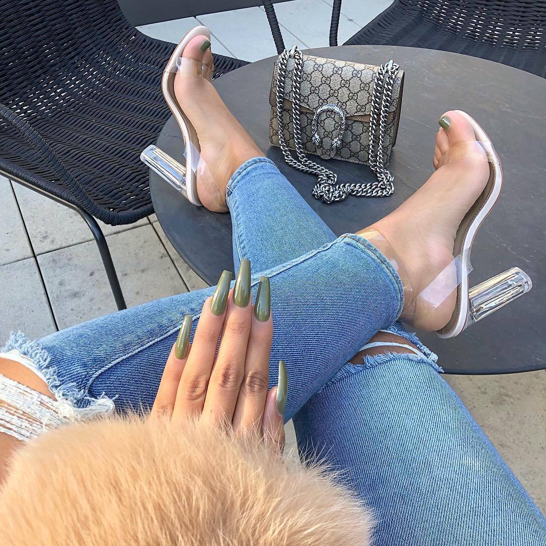 Gucci bag, clear heel sandals and green manicure