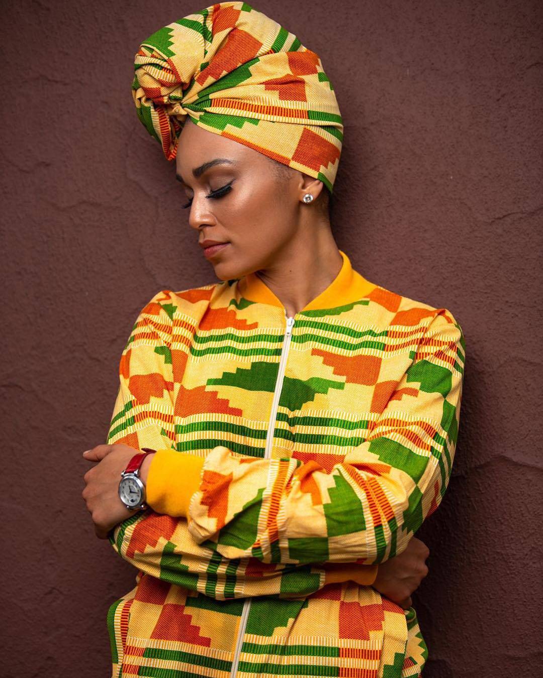 Pearl coordinating Kente bomber jacket with head-wrap