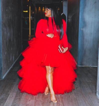 Red tulle skirt and roll neck top