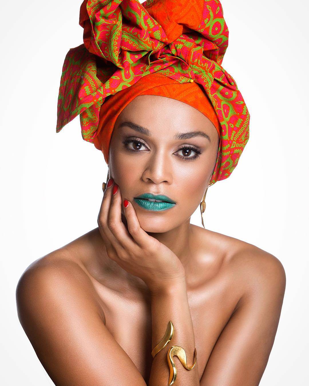 Pearl Thusi in Traditional African Print Head-tie